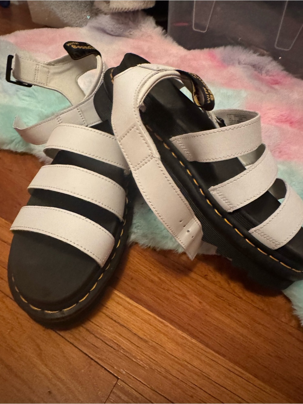Dr. Martens White Strappy Platform Sandals with Yellow Stitching